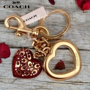 NWT Heart Bag Charm Keychain Key FOB Gold Embossed Double Heart Rare Signature
